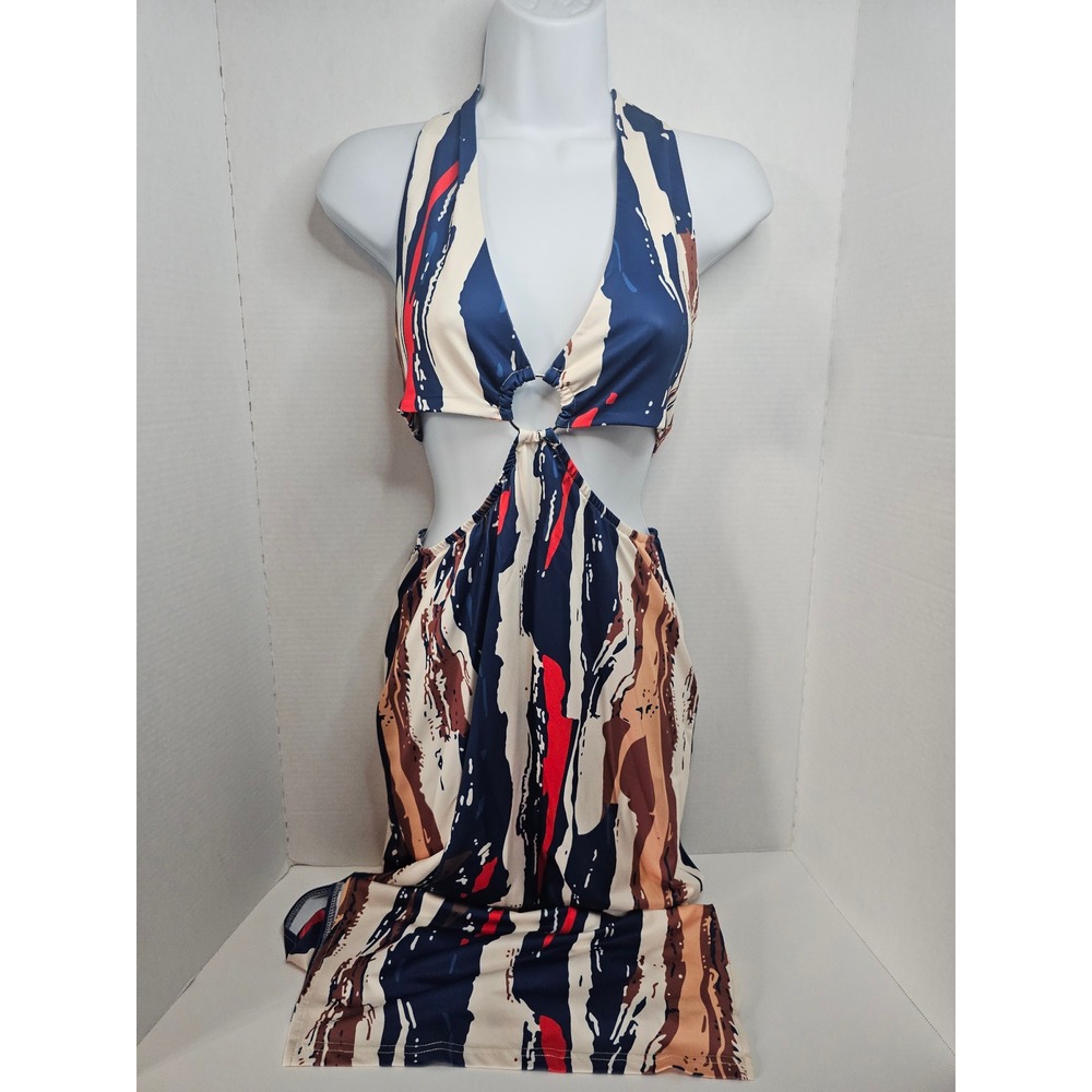 SHEIN Navy Blue Red Brown Cream Striped Cutout Maxi Dress Size 6 (Medium)
